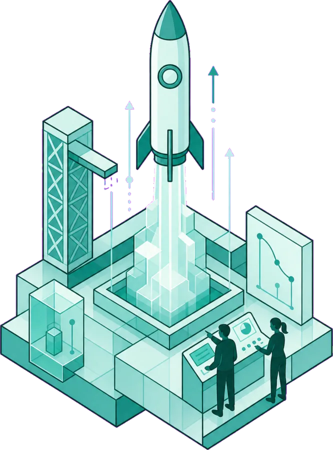 Cohete despegando desde una plataforma de innovación